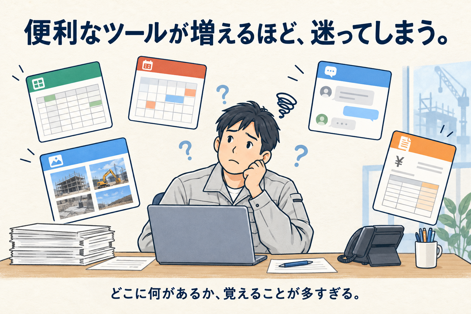 複数の道具と入口に囲まれ、どこに情報があるか迷う担当者
