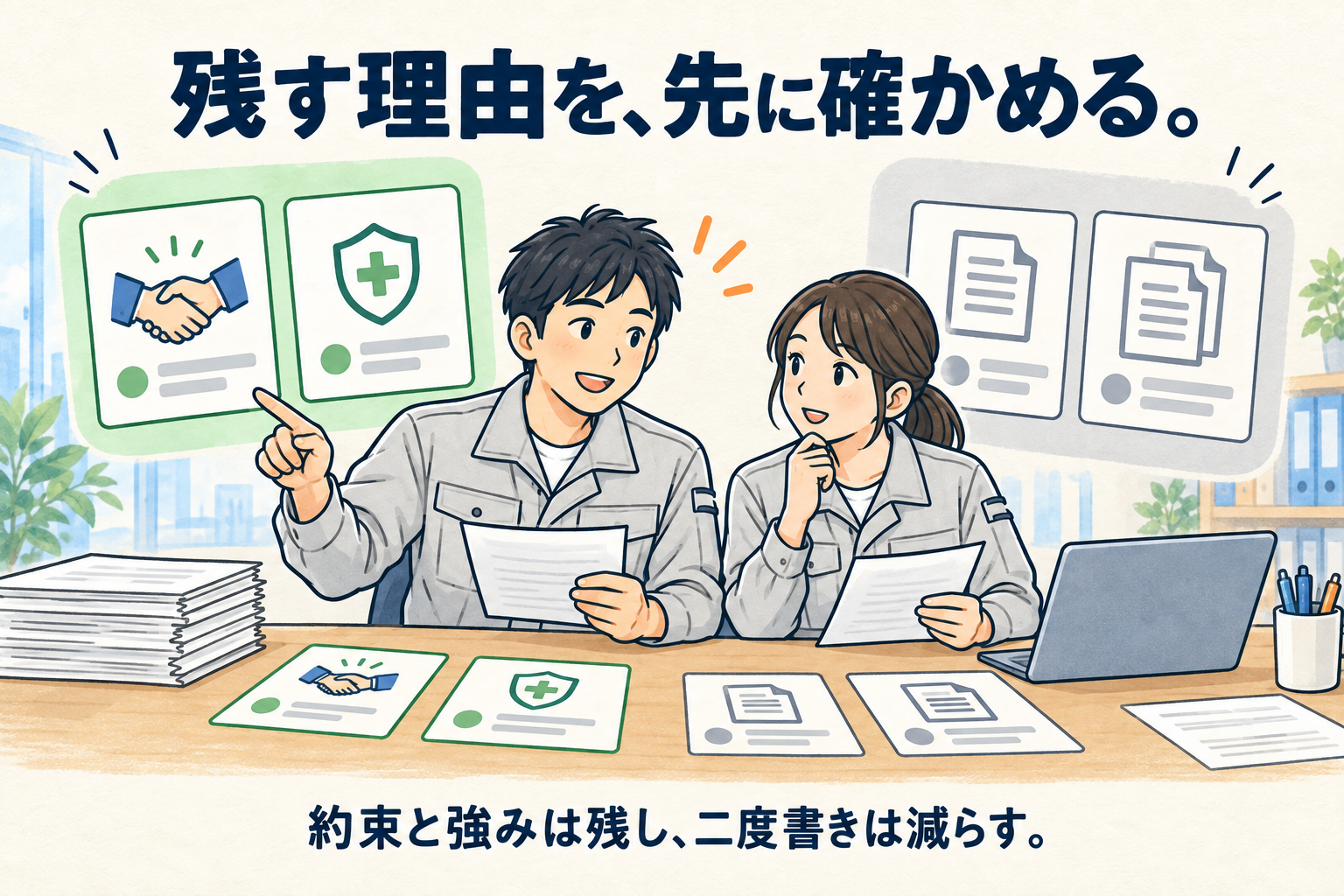 お客様との約束や安全に関わるやり方は残し、二度書きは減らす
