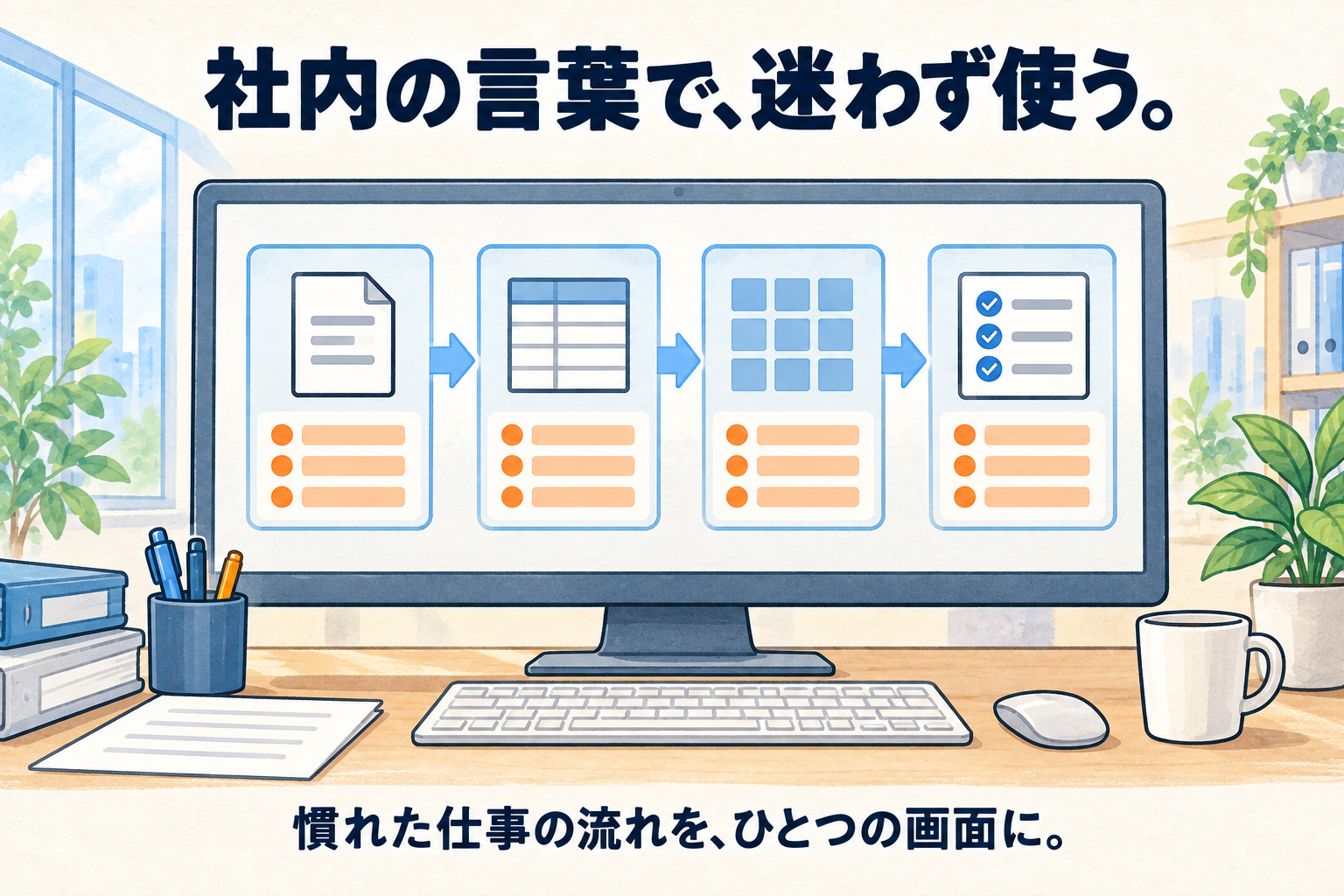 社内の言葉で並んだ画面で、慣れた流れのまま仕事が進む