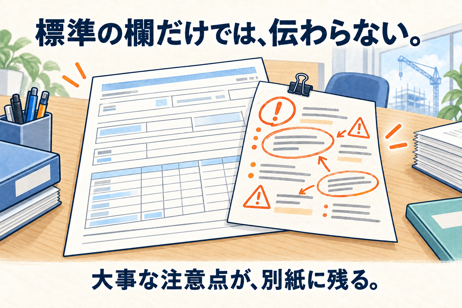 標準の欄だけでは伝わらず、大事な注意点が別紙に残っている