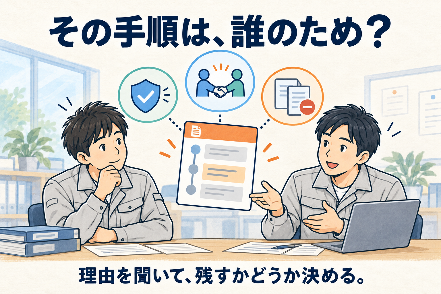 その手順は誰のためかを話し合い、理由を聞いてから残すか決める