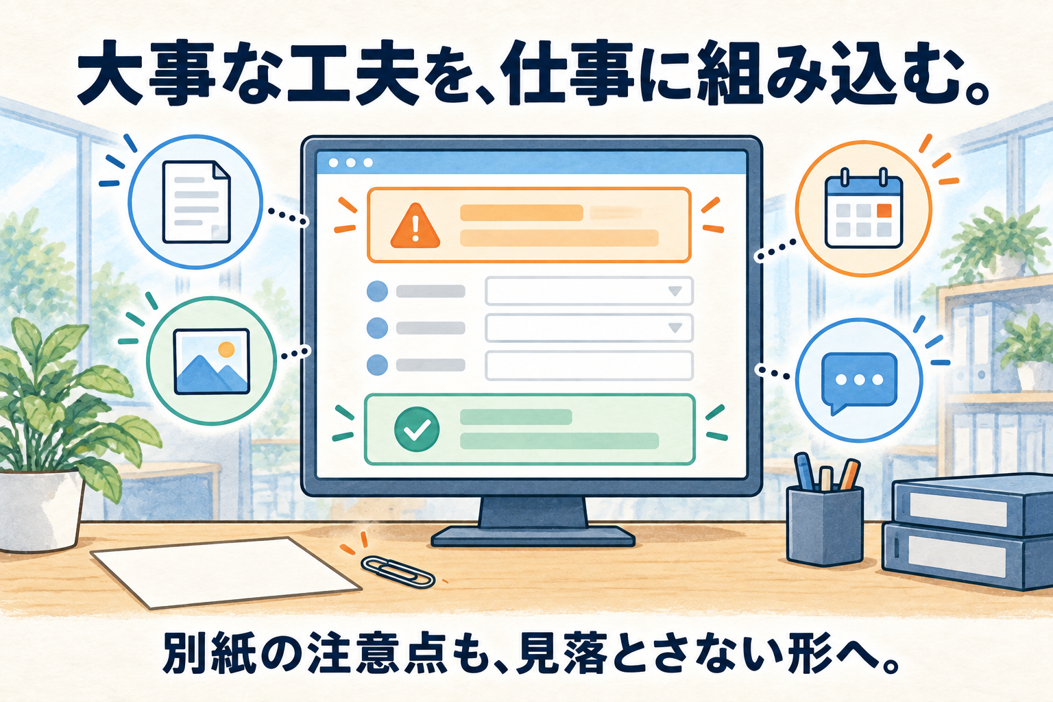 大事な工夫が仕事の流れに組み込まれ、別紙の注意点も見落とさない