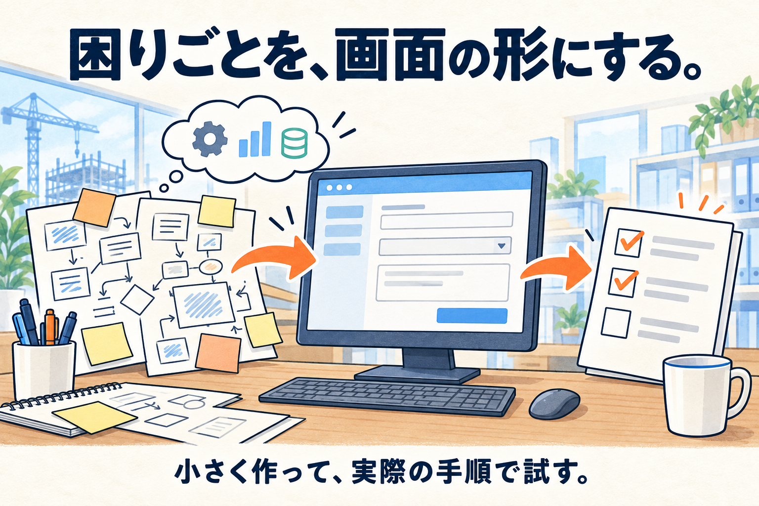 手書きの流れ図から画面の形をつくり、確かめる項目へつなげる