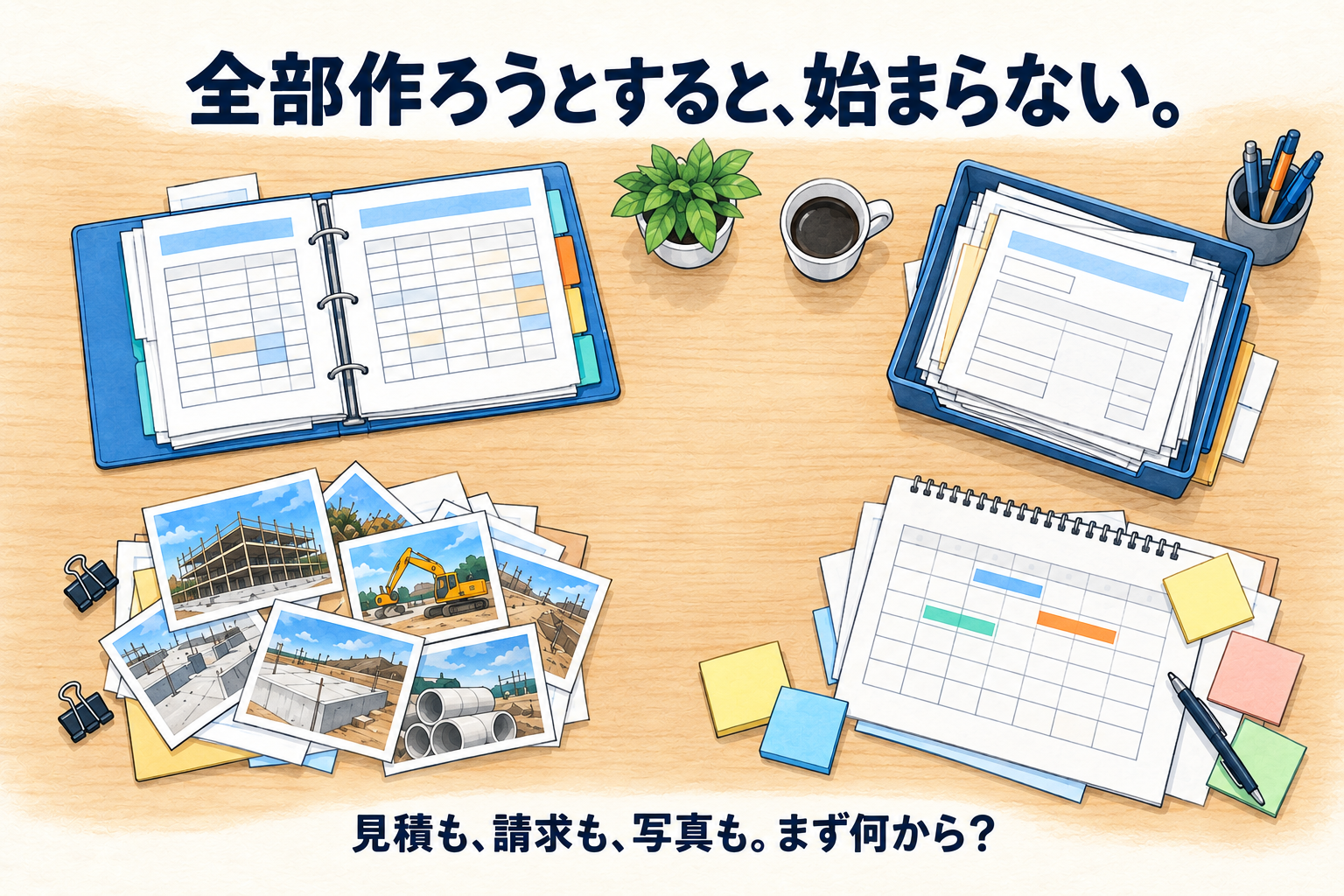 見積・請求・写真・工程が、どれも途中のまま机に散らばっている