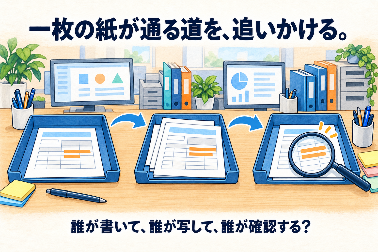 同じ一枚の紙が、書く人・写す人・確かめる人の受け皿を回っていく