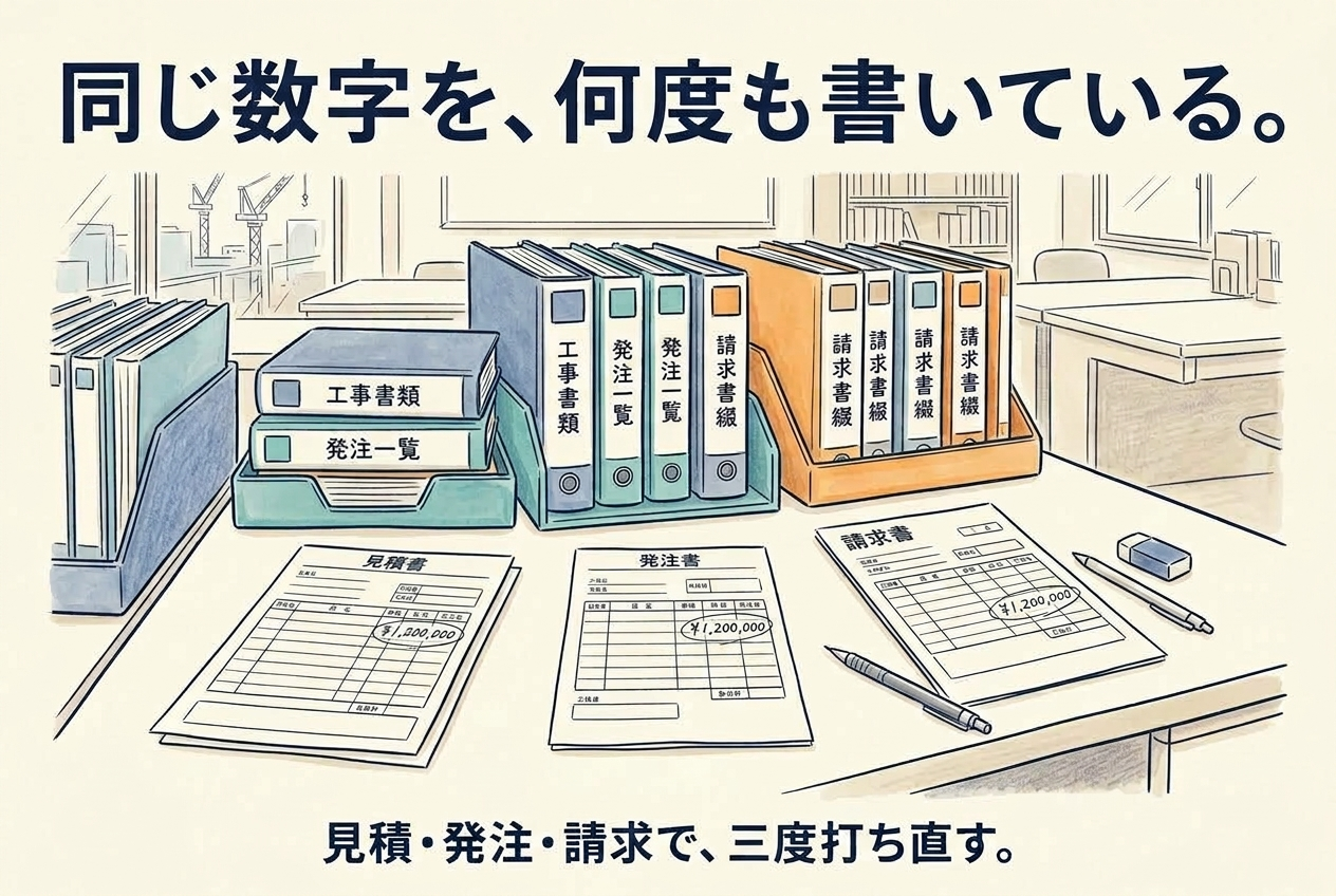 見積書・発注書・請求書に、同じ金額を手で書き写している机