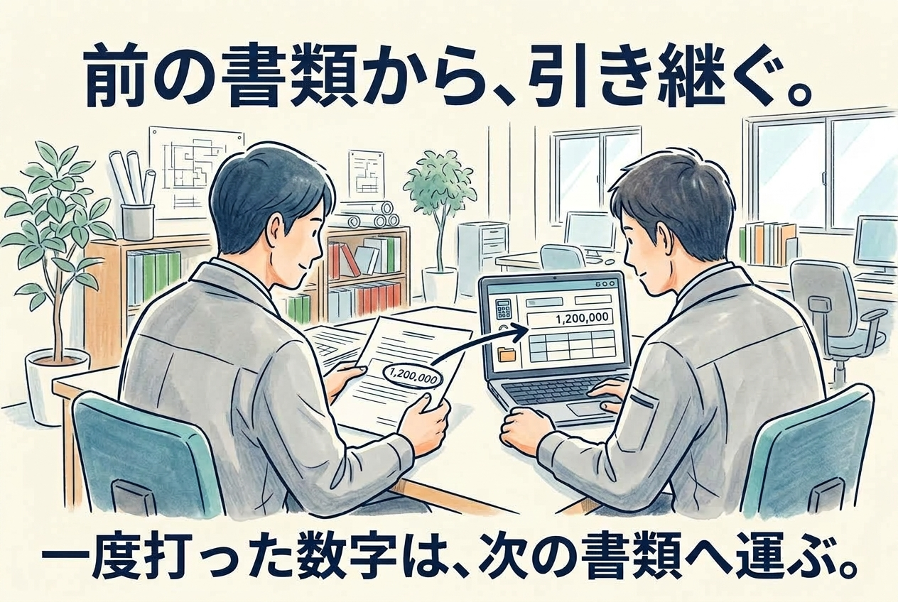 前の書類の数字を、打ち直さずに次の書類へ運ぶ