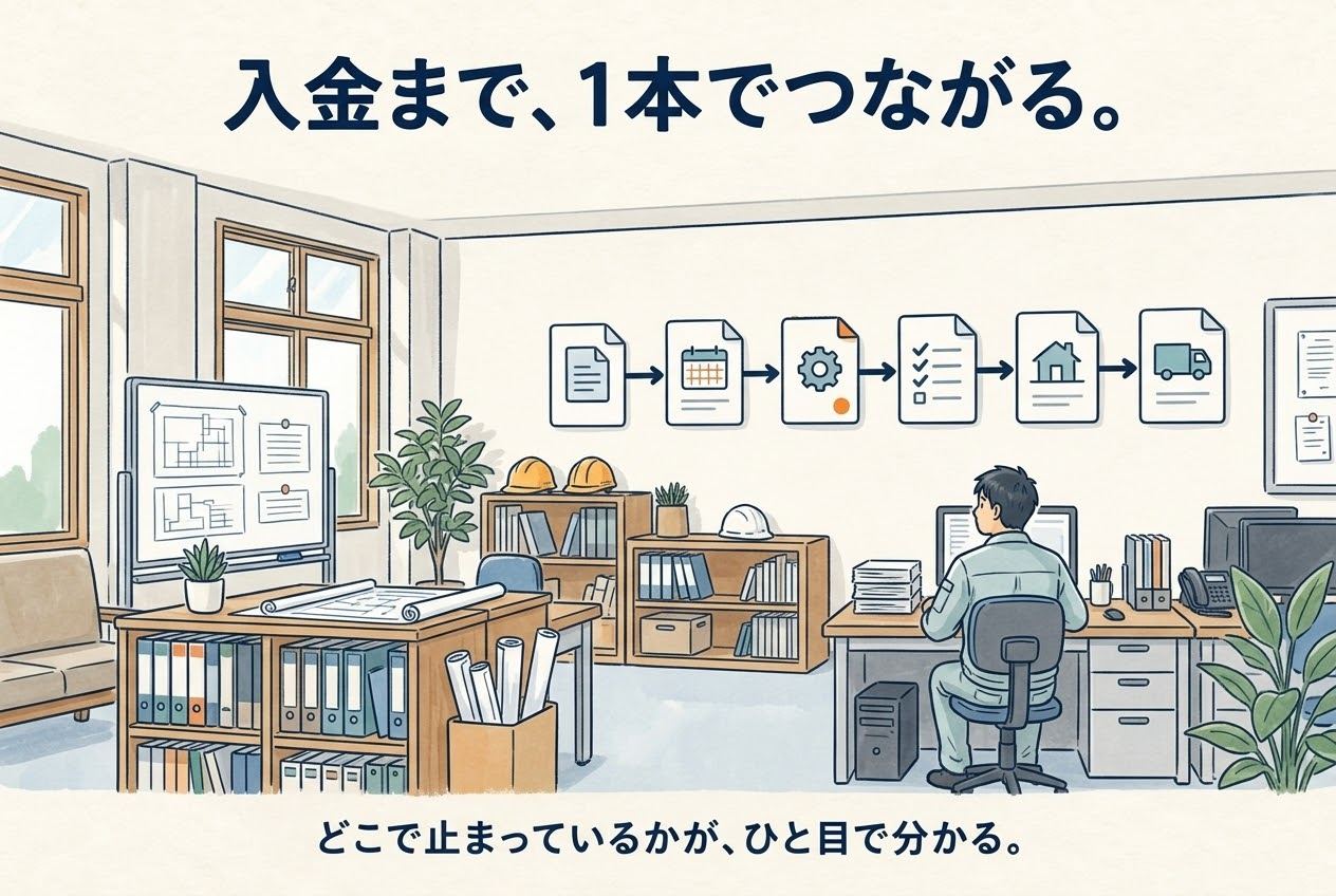 見積から入金まで書類が1本でつながり、止まっている所がひと目で分かる