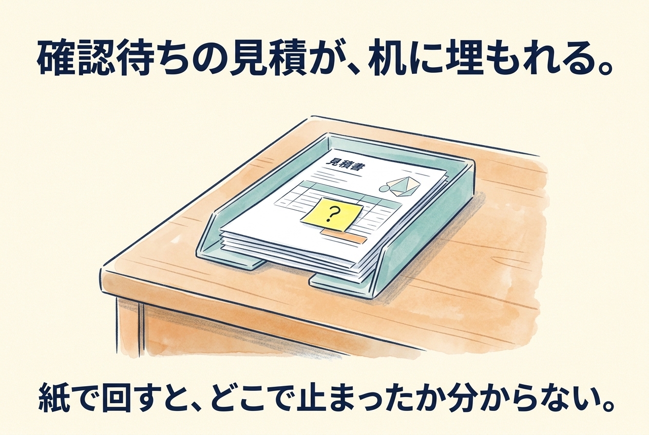 確認待ちの見積が、ほかの書類の下に埋もれている