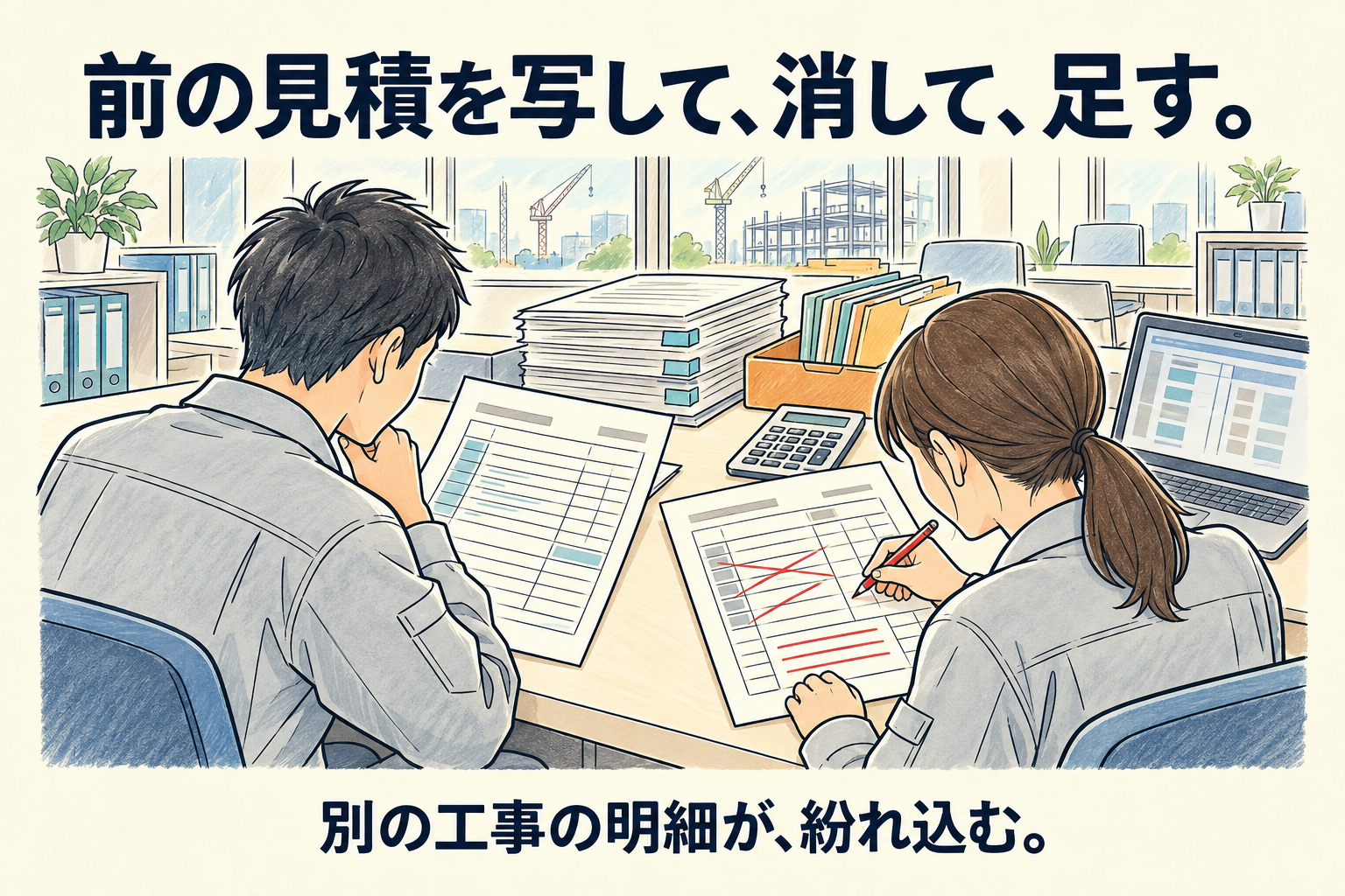 前の見積を写して、消して、足す。別の工事の明細が、紛れ込む。