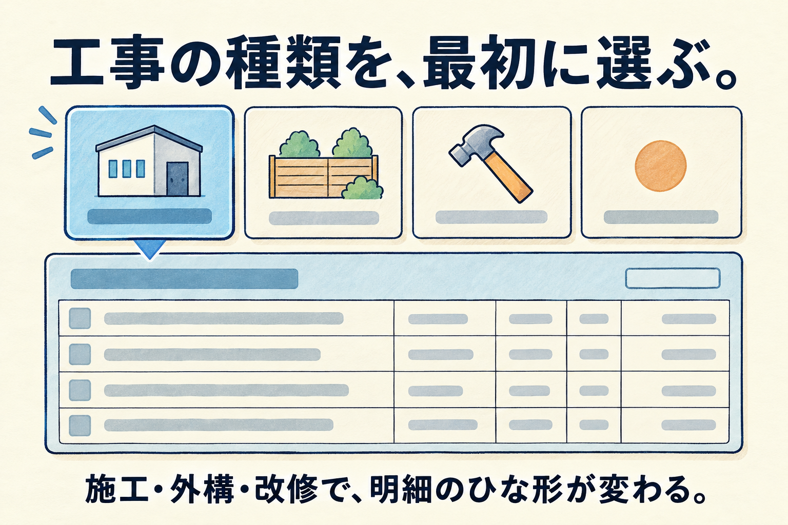 工事の種類を、最初に選ぶ。施工・外構・改修で、明細のひな形が変わる。