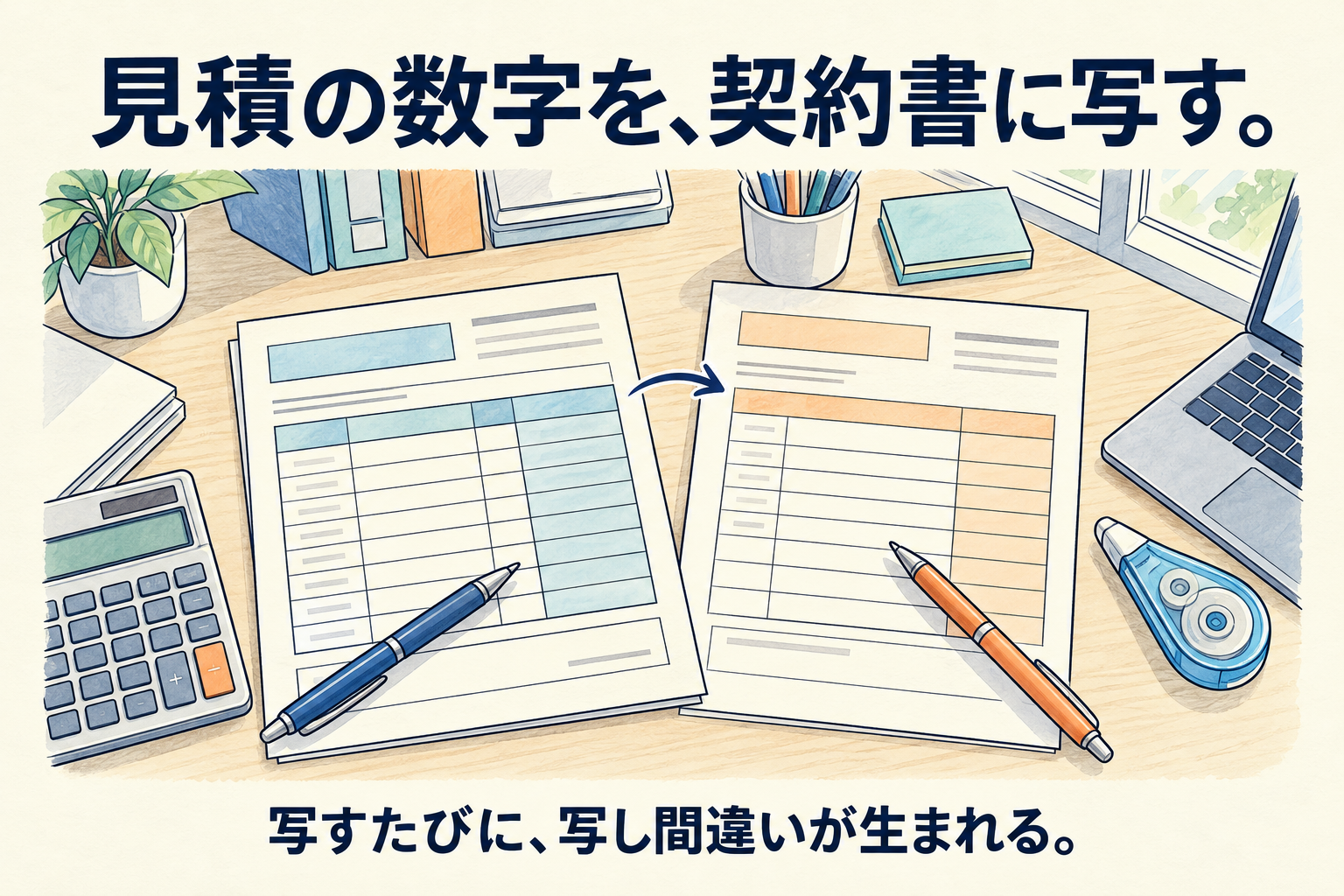 見積の数字を、契約書に写す。写すたびに、写し間違いが生まれる。