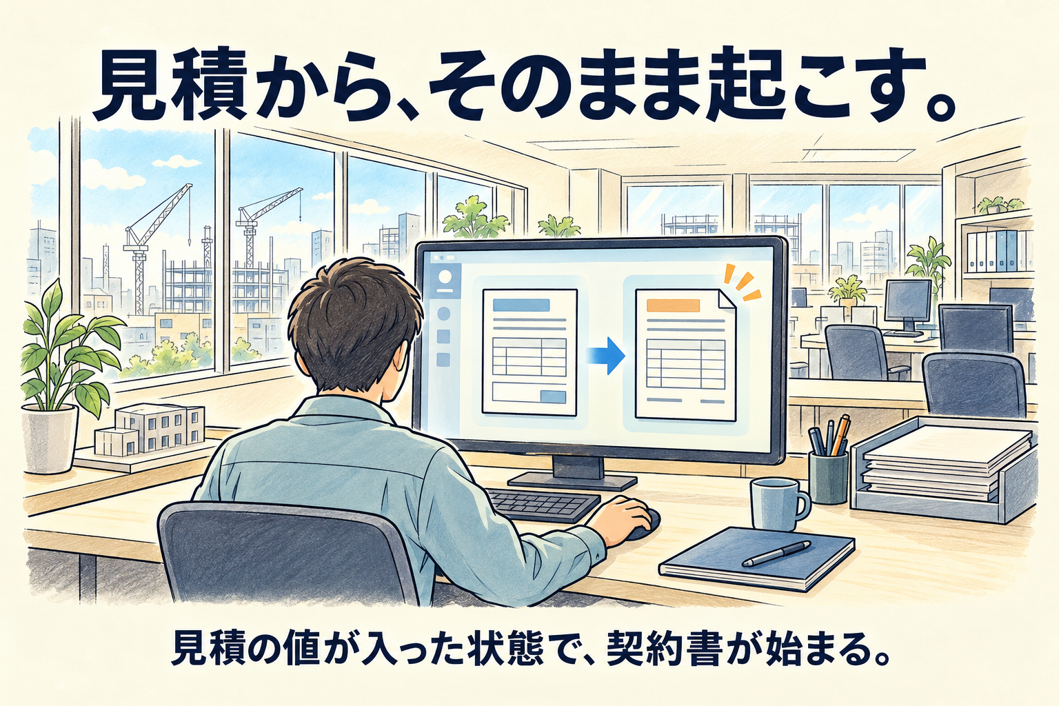 見積から、そのまま起こす。見積の値が入った状態で、契約書が始まる。