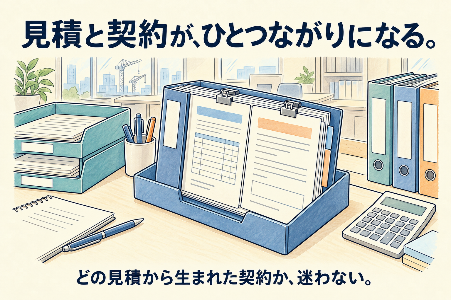 見積と契約が、ひとつながりになる。どの見積から生まれた契約か、迷わない。