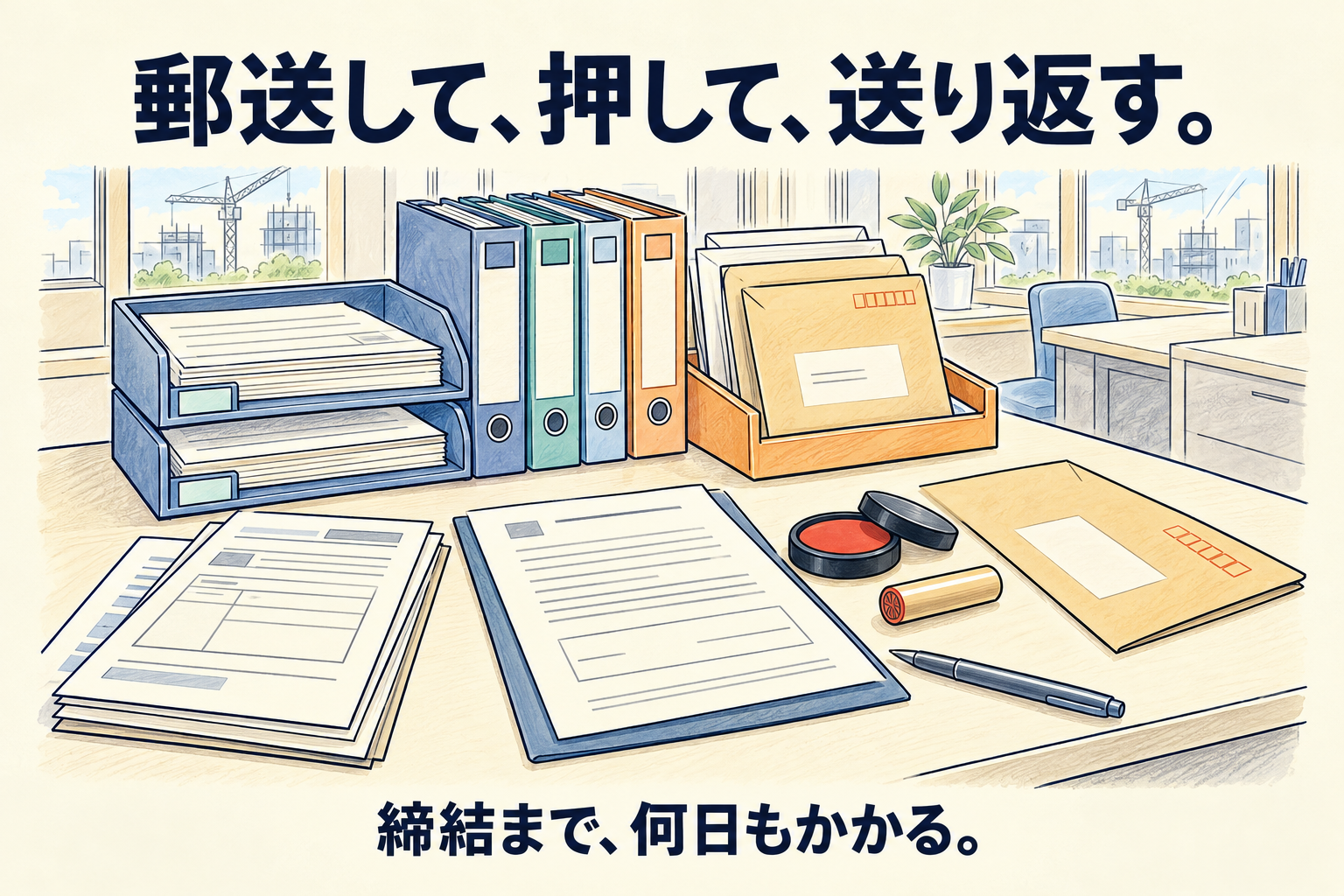 郵送して、押して、送り返す。締結まで、何日もかかる。